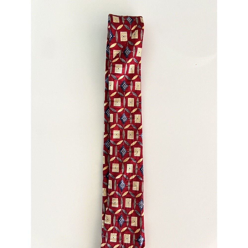 Jos A Bank Tie XL Silk Tie Geometric Red Blue Cream Gray 63 x 4 in Extra Long - Picture 10 of 11